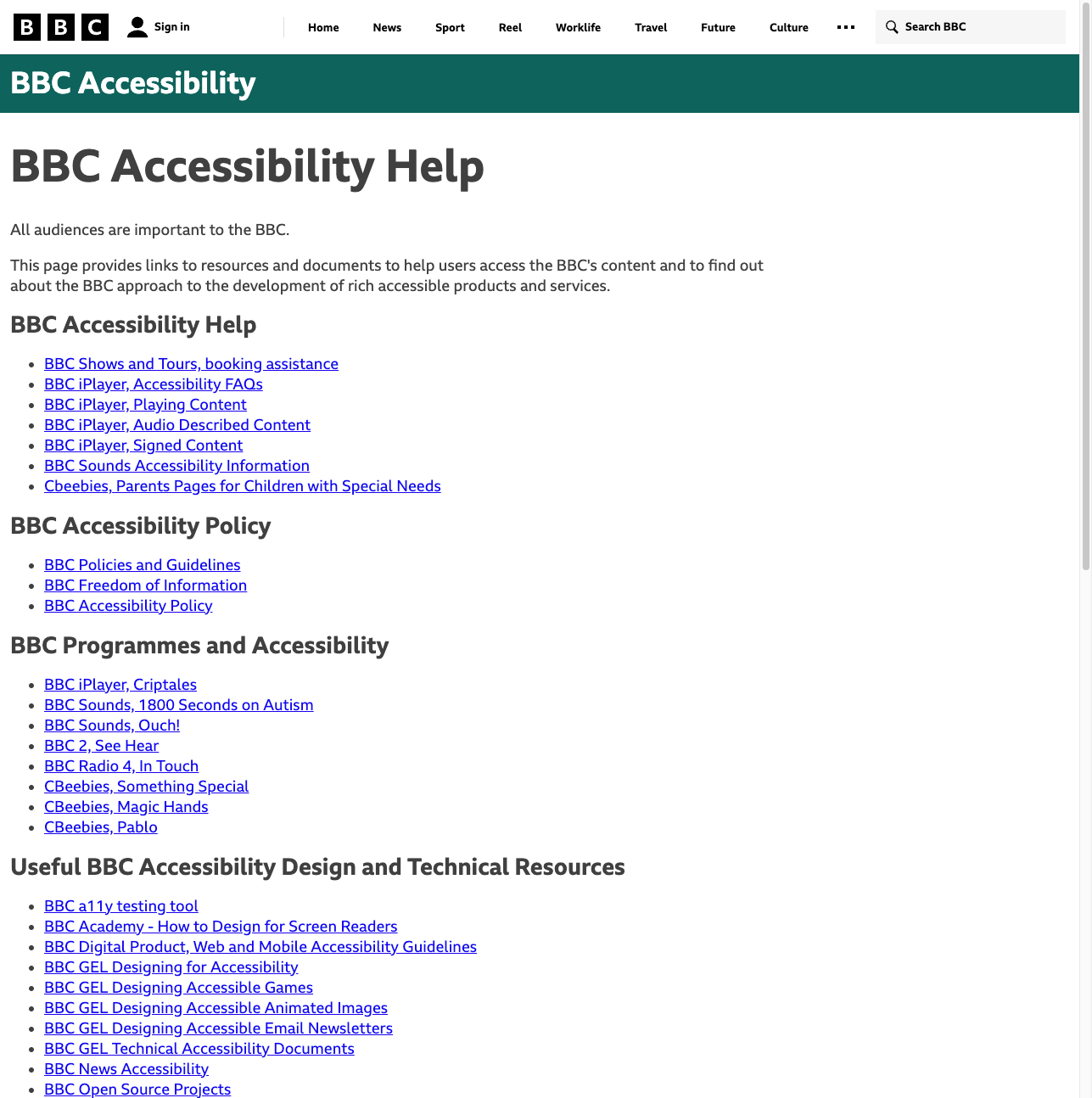 Screenshot of BBC News Accessibility Help page that directs visitors with impairments to specifc pages on their website that will help them.