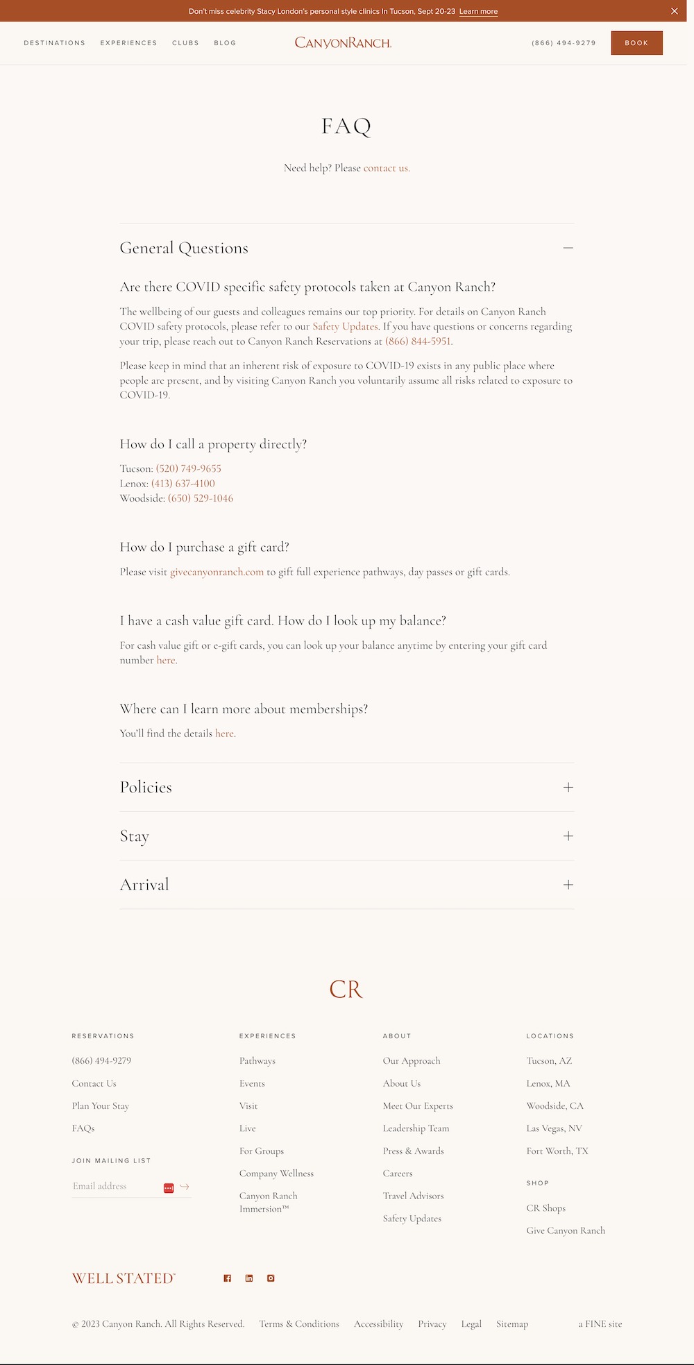 Screenshot of Canyon Ranch's FAQs page