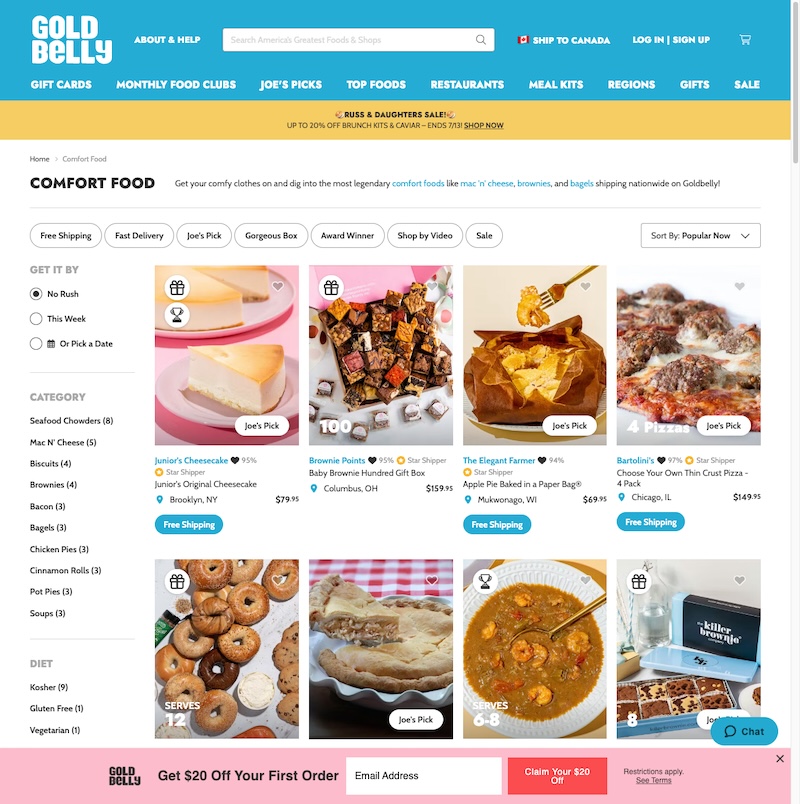 Screenshot of the Goldbelly website's Comfort Food section, showcasing various food items like donuts, brownies, and soup from different sellers. Filters and sorting options are visible on the left. The banner advertises “Gifts for Dad,” indicating promotions for Father’s Day.