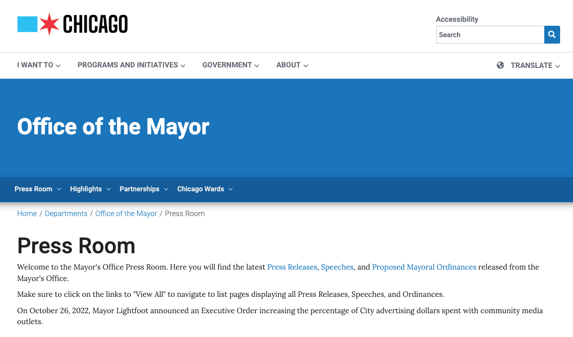 Screenshot of the Chicago Office of the Mayor website. The page is titled "Press Room" and includes clear text links to press releases, speeches, and ordinances. 