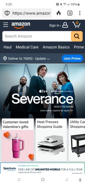 Screenshot of an Amazon mobile webpage seamlessly adapting web design to a mobile-first world, featuring a banner for "Severance" on Apple TV+. Browse product categories like Valentine’s gifts, heat presses, and utility carts. The top section includes a search bar and options to sign in or join Prime.