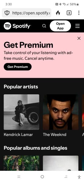 The Spotify page, perfectly adapting web design to a mobile-first world, features a "Get Premium" ad alongside popular artists like Kendrick Lamar and The Weeknd. The time reads 3:30, with the battery at 38%.