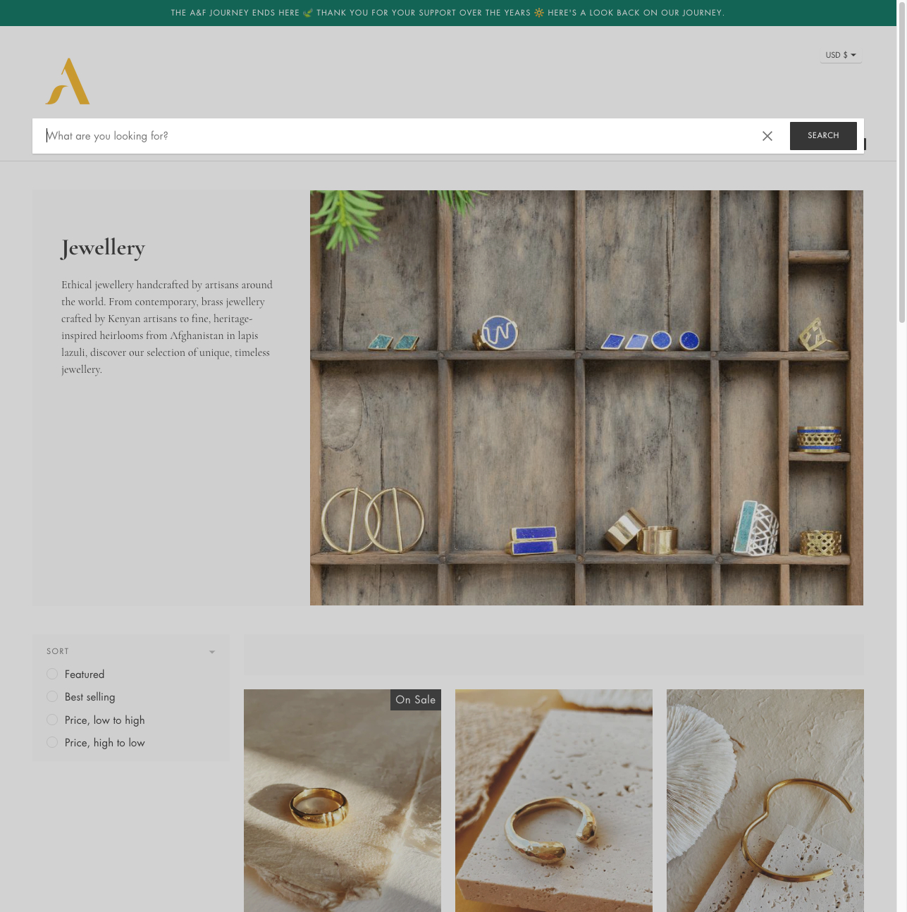 Screenshot of Artisan & Fax's website the contains a large search bar at the top of each page so that visitors can easily find the products they want.