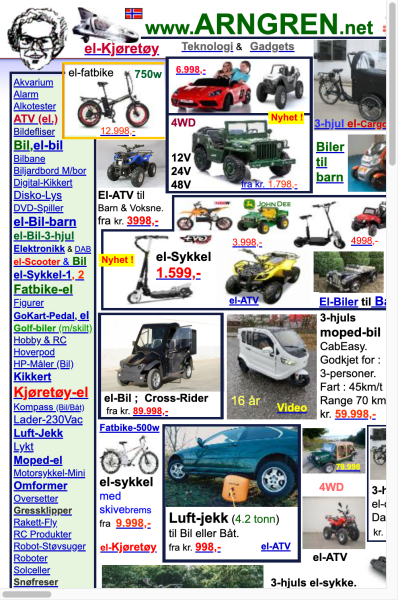 A page from ARNGERN.net displaying various technology and gadget products. Each item has images, descriptions, and prices. The website uses a cluttered layout which is not mobile-friendly.