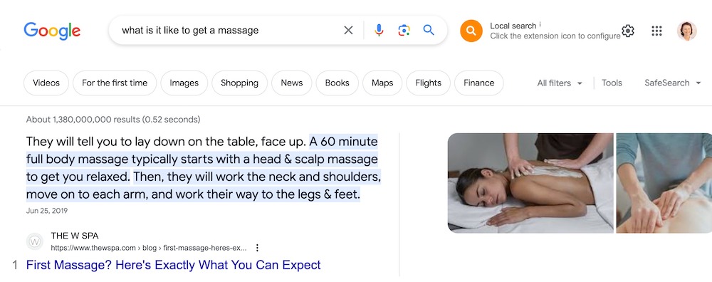 Rich snipped of serach result asking what a massage is going to be like